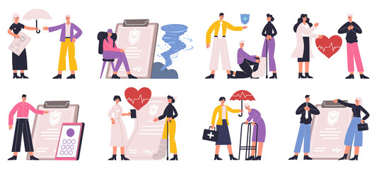 Risk insurance protecting health, business, automobile and house. Insurance life, health and property safety protection vector Illustration set. Property protection offers