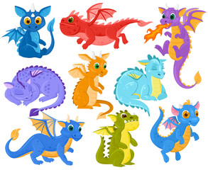 Cartoon dragon kids fantasy cute creature mascots. Funny dragon babies, medieval legends and fairytales dino characters vector illustration set. Fantasy dragon monsters