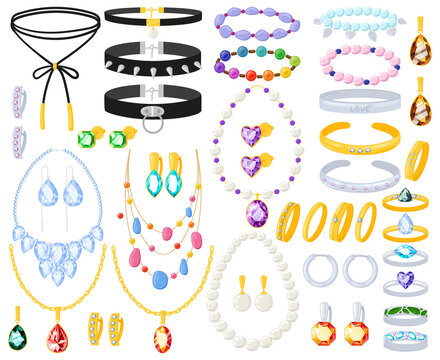 Cartoon golden, silver jewel accessories necklace, bracelet and earrings. Women jewellery gold silver accessories vector illustration set. Jewelry earrings, rings, necklaces