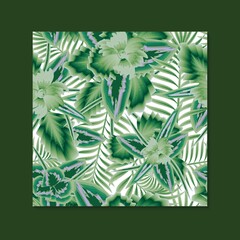 Tropical vector realistic green palm leaves and flower seamless pattern white background. Exotic trendy wallpaper. Botanical pattern. Floral background. colorful tropical summer