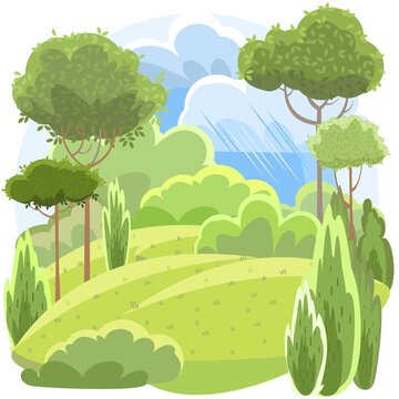 Amusing beautiful forest landscape. Summer rain. Cartoon style. Grass hills. Rural natural look. Cool romantic pretty. Flat design illustration. Isolated on white background. Vector art