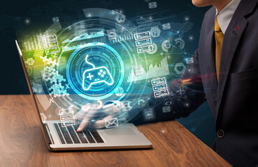 Business hand typing on a modern laptop