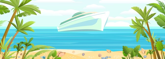 Ocean yacht. A modern multi tiered luxury vessel. Large passenger ship. Calm blue sea. Flat style. Sandy tropical beach with palms. Vector.