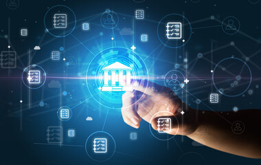 Businessman hand pressing stock graphic information on multitouch screen