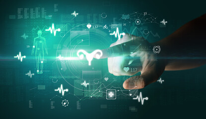 Doctor hand pressing futuristic health device with medical symbol on screen