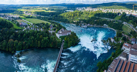 Aerial view of the waterfall beside Schaffhausen in Switzerland on a sunny day in summer.
