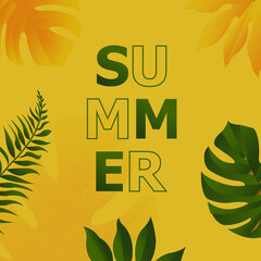 Summer Poster With Tropical Leaves , Vector Illustration.