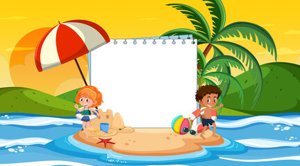 Obraz na płótnie Canvas Empty banner template with kids on vacation at the beach sunset scene