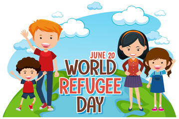 Obraz na płótnie Canvas World Refugee Day banner with family cartoon character