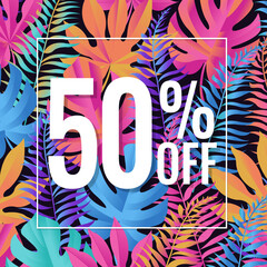 Sale Summer Banner With Tropical Leaves And Text With Gradient Background, Vector Illustration