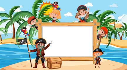 Obraz na płótnie Canvas Empty wooden frame with many pirate kids cartoon character at the beach