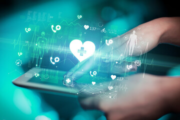 Close-up of a touchscreen with healthcare icons