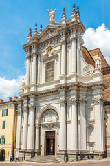 View at the Church of Sant Andrea Apostol in the streets of town Bra - Italy