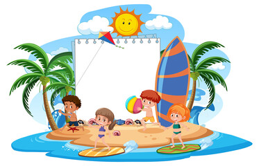 Obraz na płótnie Canvas Blank banner template with many kids on summer vacation at the beach isolated