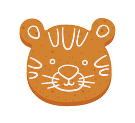 Cute gingerbread cookie in shape of tiger. Christmas or New Year cartoon ginger cookie. Hand drawn vector illustration isolated on white background.