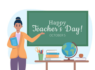 World teacher's day banner concept. Pretty young black female teacher explain gesture to chalkboard, table with stationery, apple and globe. International world holiday. Creative vector illustration