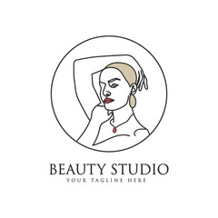 Hand drawn feminine woman beauty minimal face and floral botanical logo template for makeup spa salon skin & hair care line art portrait printable