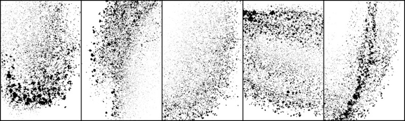Set of explosion black grainy texture isolated on white background. Dust overlay textured. Dark noise particles. Grunge design elements. Vector illustration, Eps 10.