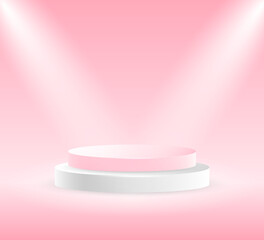 Round white and pink stage podium illuminated with light. Stage vector backdrop. Festive podium scene for award ceremony on pink background. Vector pedestal for product presentation.