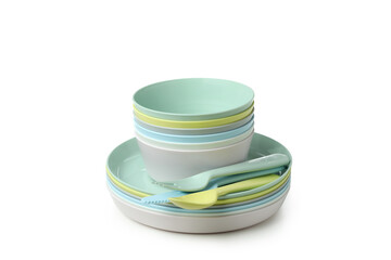 Colorful plastic dishware isolated on white background
