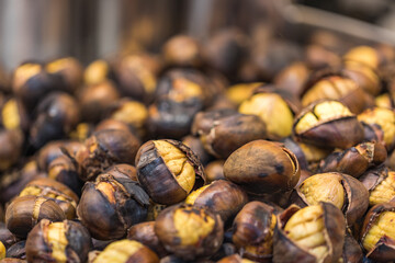 Roasted sweet chestnuts close up. Organic food. Food background. Healthy eating. Healthy lifestyle. Protein source. View from above