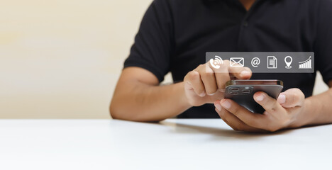 man using smartphone with contact and work icons. application online technology information connection on mobile phone.