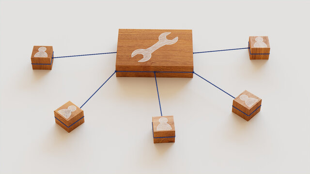 Configure Technology Concept with tool Symbol on a Wooden Block. User Network Connections are Represented with Blue string. White background. 3D Render.