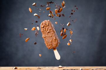 Ice Cream Bar with chocolate coating and almonds in a studio shot with bits of chocolate and...