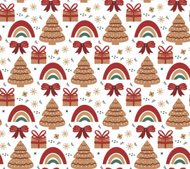 Merry Christmas Boho seamless pattern. Bohemian winter holiday repeating texture hand drawing style. Gingerbread, Snowflakes, Christmas tree. Vector illustration