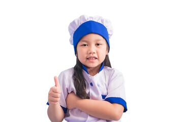 Happy girls with amazing smile in clothes and chef cap. child dreams of becoming a chef