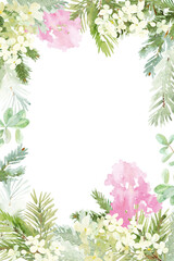 Christmas frame. Spruce and pine twigs, hydrangea flowers painted in watercolor on a white background