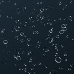 Transparent fizzy bubbles. Sparkles champagne. Fizzy pop and effervescent drink. Abstract fresh soda and air bubbles, oxygen, champagne crystal. Vector illustration on black background.