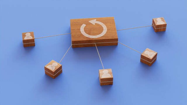 Reload Technology Concept with refresh Symbol on a Wooden Block. User Network Connections are Represented with White string. Blue background. 3D Render.