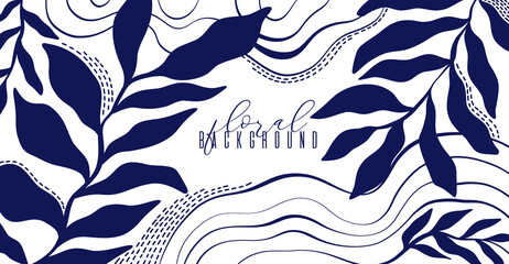 Obraz premium Floral frame horizontal organic design product.Leaf and tree branch elegant hand draw line style.