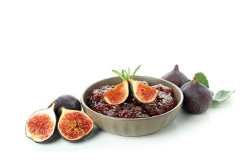 Bowl with fig jam and ingredients isolated on white background