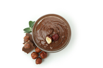Bowl with chocolate paste and nuts isolated on white background