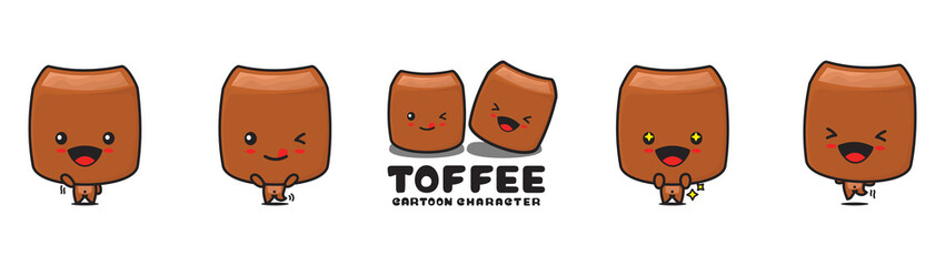 cute toffee mascot, sweet food cartoon illustration, with different facial expressions and poses