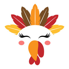 Beautiful turkey face with feather Indian American native tiara - Vector illustration for card and shirt design for autumn holidays. Happy Harvest, Thanksgiving decoration.