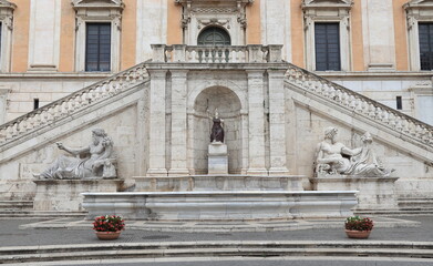 Campidoglio Square Architecture Detail with Balustrade, Stairs, Statues and Fountain of Rome's Goddess in Rome, Italy