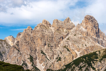 Fototapeta na wymiar Mountain peak of the Monte Rudo or Rautkofel and Croda dei Rondoi or Schwalbenkofel of the Mountain Range of the Rondoi-Baranci, Dolomiti Di Sesto Natural Park, Trentino-Alto Adige, Italy, Europe.