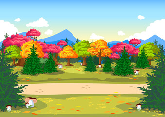 Beautiful autumn forest landscape with a footpath. Bright and colorful autumn. Vector illustration in a flat style.