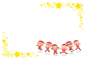 サンタのコスチュームを着てジャンプしている可愛い子供たちのイラスト　星のフレーム　コピースペース