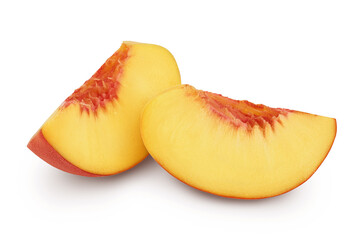 Ripe peach slices isolated on white background with clipping path and full depth of field