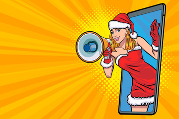 Santa girl holding megaphone out of smart phone