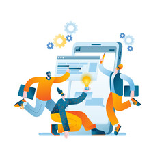 A team of developers creates a mobile app. The concept of a vector illustration in a flat style on the theme of mobile app development.