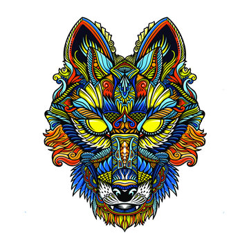 Colorful wolf with a white background pop art.Zentangle stylized Wolf face. Hand Drawn Guata doodle vector illustration. High detailed Sketch for tattoo or makhenda. Animal collection. T-shirt print.