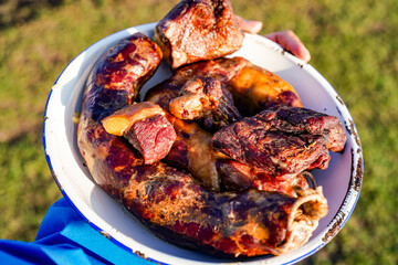 Horse meat and sausage cooked on the prairie