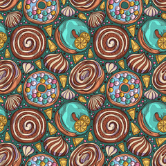 Cartoon hand-drawn donuts seamless pattern. Colorful design for menu, cafe decoration, textile, wallpaper, fabric and delivery box glazed cover. Glazed bakery setting background