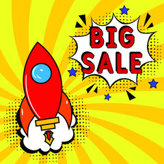 Big Sale text.  Comic book explosion with text Big Sale, vector illustration. Sale promotion symbol. Vector bright cartoon illustration in retro pop art style. 