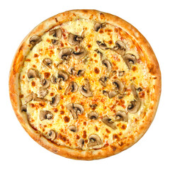 Isolated fresh pizza with mushhrooms and cheese on white background